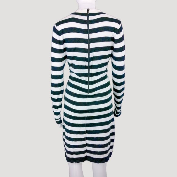 French Connection Black & White Striped Knit Aline Long Sleeve Midi Mock Dress - Picture 3 of 7